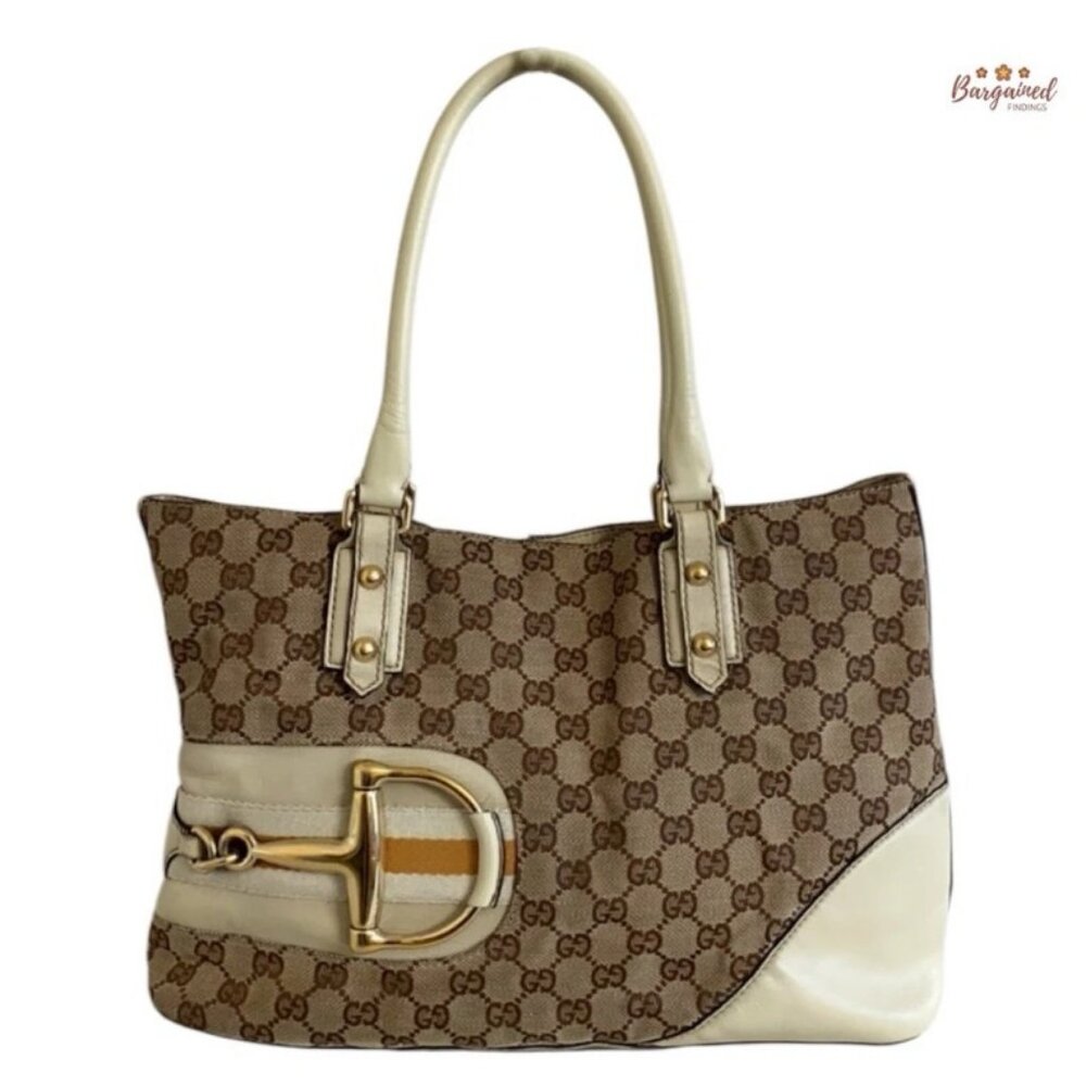 Authentic GUCCI Cream Beige Monogram Canvas Leather Horsebit Tote Bag